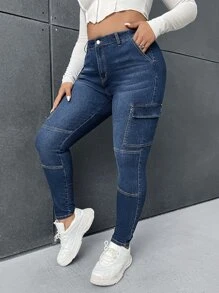 SHEIN Jeans ajustados con bolsillo con solapa - Azul lavado oscuro - Ver 1