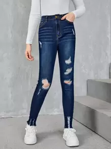 SHEIN Teen Girls Ripped Raw Hem Jeans - Dark Wash - View 4