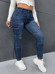 SHEIN Jeans ajustados con bolsillo con solapa - Azul lavado oscuro - Ver 4