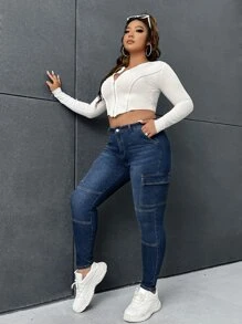 SHEIN Jeans ajustados con bolsillo con solapa - Azul lavado oscuro - Ver 5