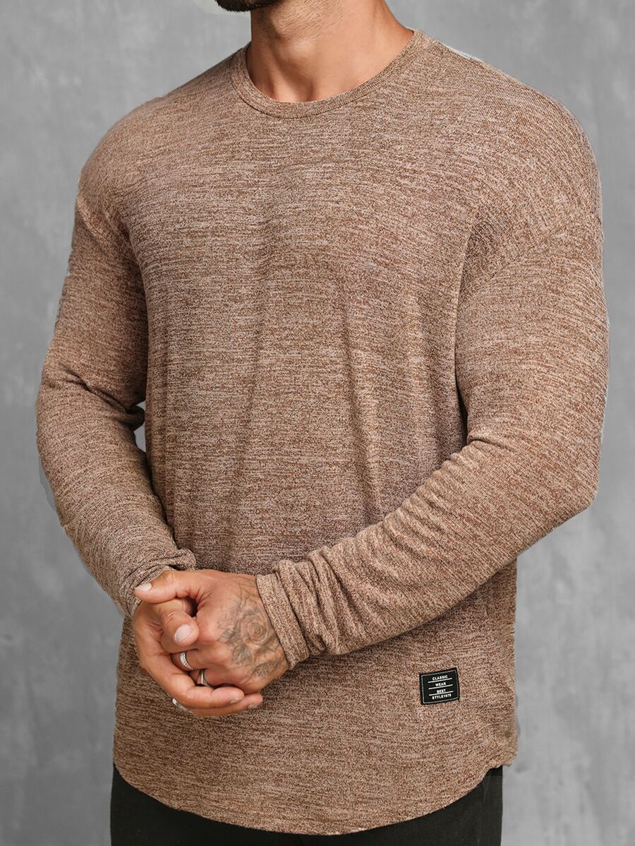 GENTILAND Camiseta casual de manga larga con parches de letra de ajuste holgado para hombre - Marrón Mocha - Ver 1