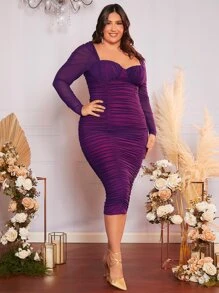 SHEIN Belle Plus Sweetheart Neck Ruched Mesh Dress - Purple - View 6