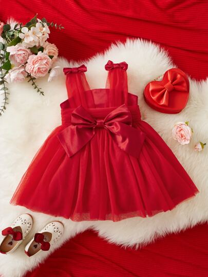 Vestido Para Niña Con Lazo En Los Hombros Y Dobladillo De Malla Sin Top