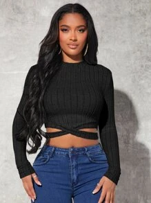 SHEIN SXY Áo thun nữ Hội Chữ thập Cắt ra màu trơn Giải trí - màu đen - Xem 3