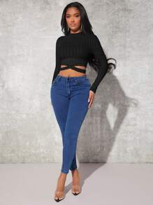 SHEIN SXY Áo thun nữ Hội Chữ thập Cắt ra màu trơn Giải trí - màu đen - Xem 5