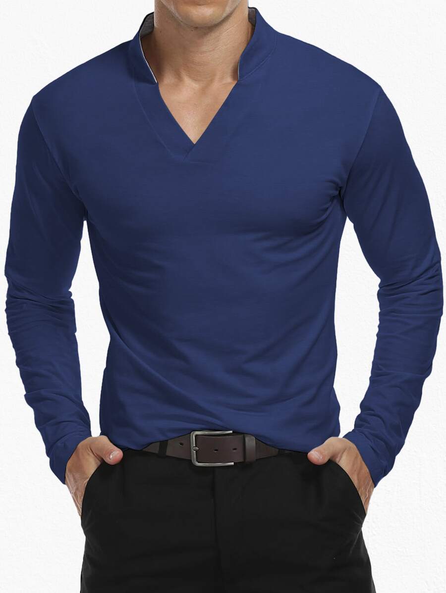 NITAGUT Men Solid Notch Neck Long Sleeve Tee - Navy Blue - View 1