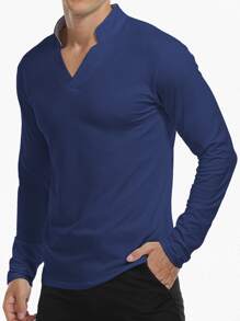 NITAGUT Men Solid Notch Neck Long Sleeve Tee - Navy Blue - View 3