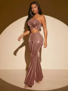 SHEIN SXY Glitter Crop Tube Top & Flare Leg Pants - Redwood - View 1