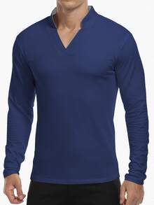 NITAGUT Men Solid Notch Neck Long Sleeve Tee - Navy Blue - View 5
