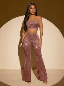 SHEIN SXY Glitter Crop Tube Top & Flare Leg Pants - Redwood - View 4