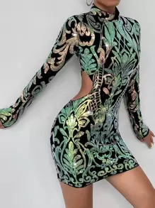 SHEIN SXY Baroque Print Cut Out Mock Neck Sequin Bodycon Dress