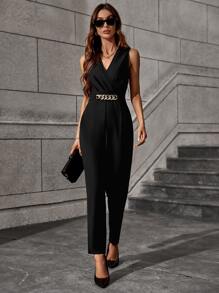 Chiquease Solid Chain Detail Jumpsuit - Black - View 5