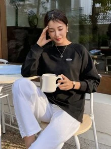 DAZY Áo thun tay lỡ phối màu chữ vá, quần áo mùa thu thời trang trẻ trung, áo dài tay cho nữ - màu đen - Xem 4