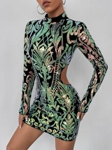 SHEIN SXY Baroque Print Cut Out Mock Neck Sequin Bodycon Dress