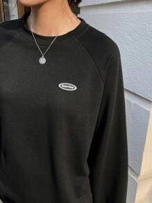 DAZY Áo thun tay lỡ phối màu chữ vá, quần áo mùa thu thời trang trẻ trung, áo dài tay cho nữ - màu đen - Xem 5