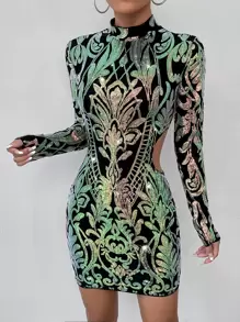 SHEIN SXY Baroque Print Cut Out Mock Neck Sequin Bodycon Dress