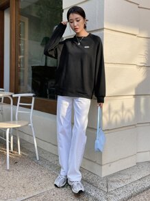 DAZY Áo thun tay lỡ phối màu chữ vá, quần áo mùa thu thời trang trẻ trung, áo dài tay cho nữ - màu đen - Xem 7