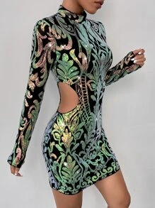 SHEIN SXY Baroque Print Cut Out Mock Neck Sequin Bodycon Dress