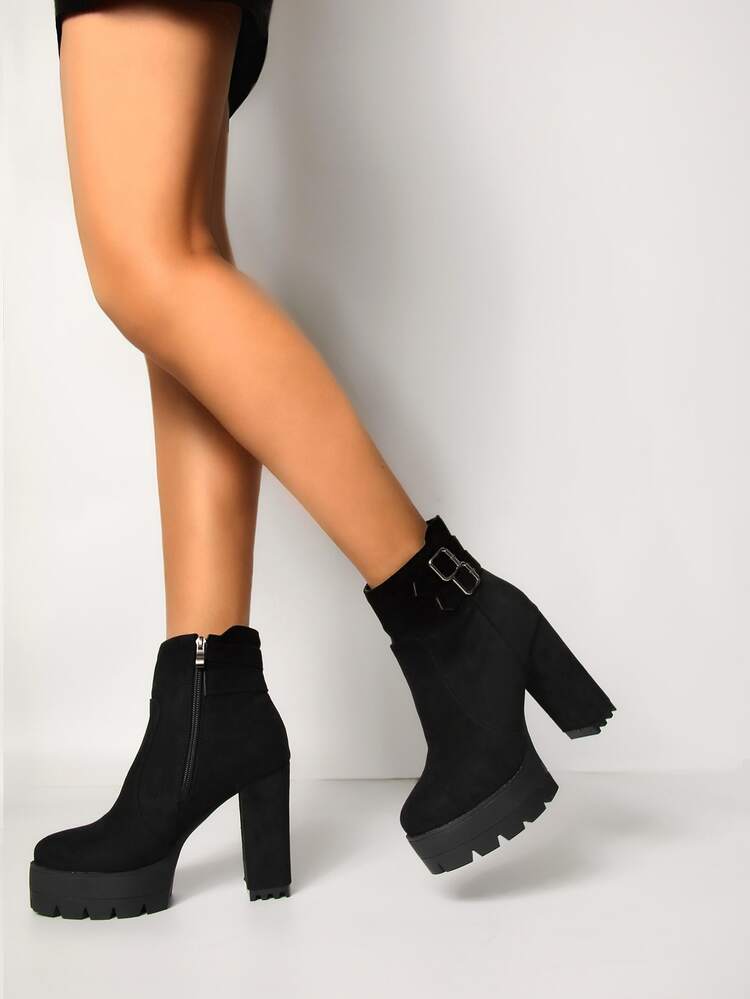 Faux Suede Side Zipper Platform Chunky Heeled Boots - Black - View 3