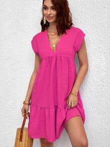 SHEIN LUNE 深V領蝙蝠袖紋理質感荷葉邊娃娃洋裝 - 玫紅色 - 查看 1