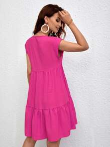 SHEIN LUNE 深V領蝙蝠袖紋理質感荷葉邊娃娃洋裝 - 玫紅色 - 查看 2