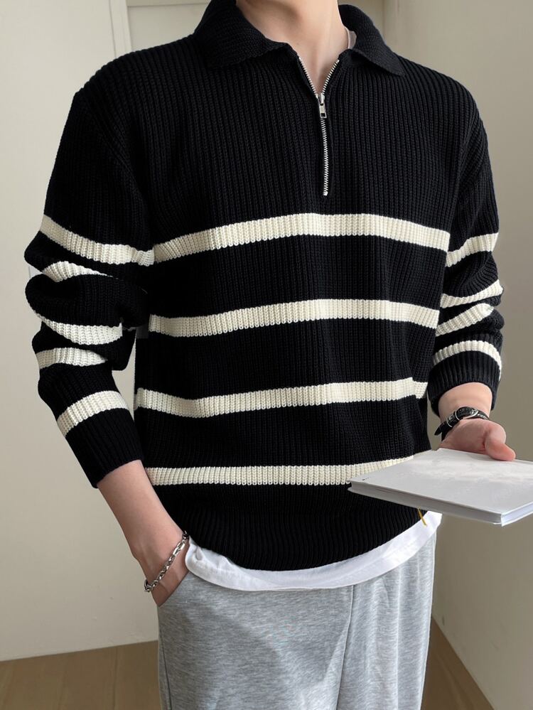 Men Striped Pattern Polo Neck Sweater Without Tee Fall,Winter Quarter Zip Men