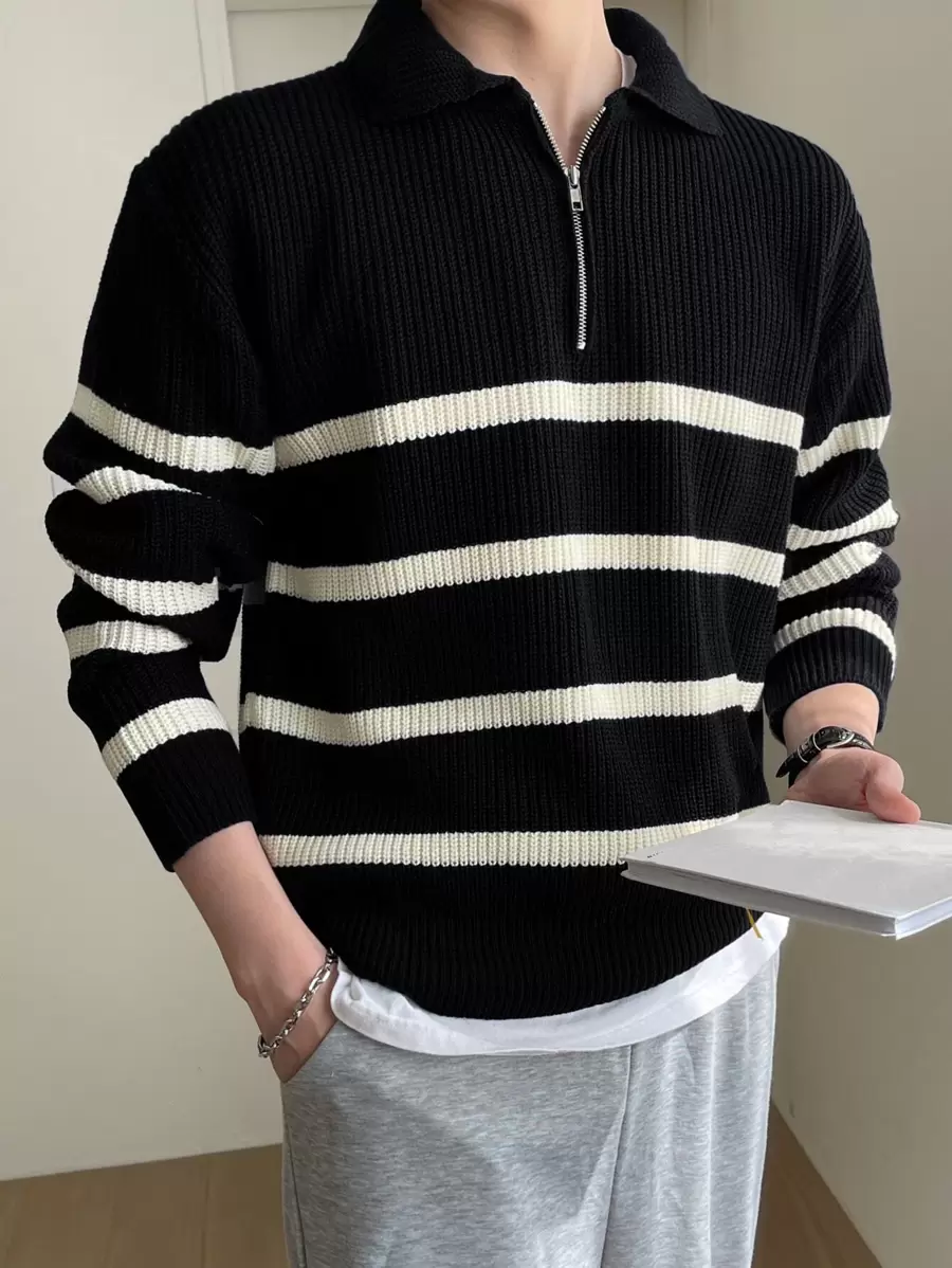 DAZY Men Striped Pattern Polo Neck Sweater Without Tee Fall,Winter Quarter Zip Men