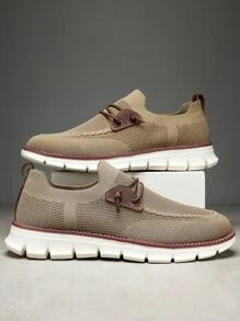 Men Lace Up Design Slip-on Running Shoes Mesh Lightweight Comfortable Sneakers - Khaki - View 1