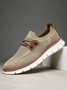 Men Lace Up Design Slip-on Running Shoes Mesh Lightweight Comfortable Sneakers - Khaki - View 2