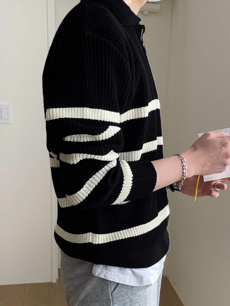 Men Striped Pattern Polo Neck Sweater Without Tee Fall,Winter Quarter Zip Men