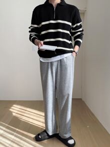 DAZY Men Striped Pattern Polo Neck Sweater Without Tee Fall,Winter Quarter Zip Men