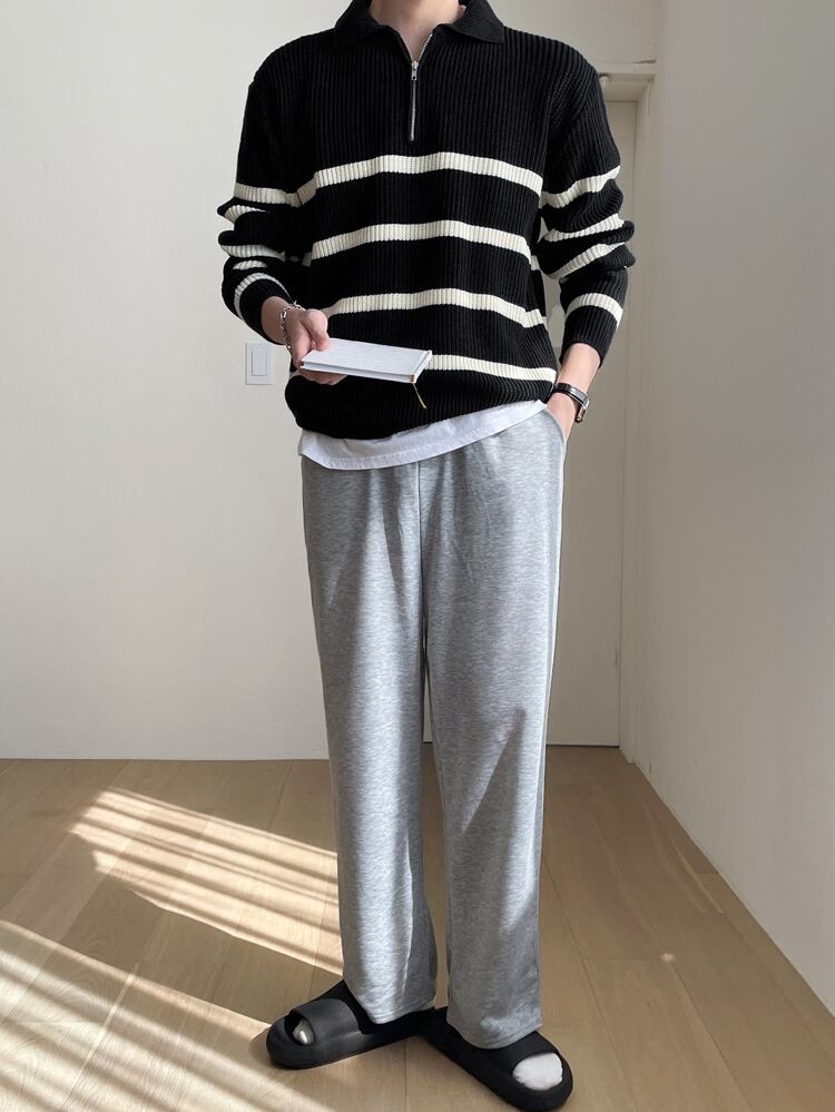 Men Striped Pattern Polo Neck Sweater Without Tee Fall,Winter Quarter Zip Men