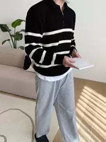 DAZY Men Striped Pattern Polo Neck Sweater Without Tee Fall,Winter Quarter Zip Men