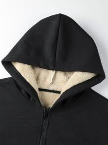 Manfinity Homme Men's Loose Fit Thermal Lined Hooded Zip Up Jacket, Long Sleeve, Going Out, Casual, Boyfriend Gift, Warm Jacket, Color Block, Men Fur Lined Hoodie, Men Winter Jacket, Men Zip Up Hoodie - Black - View 7