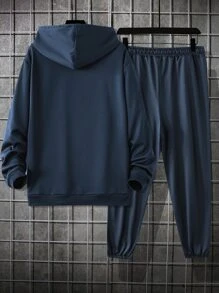 Manfinity 男士字母圖案抽繩連帽衫和運動褲 - 藏蓝色 - 查看 2