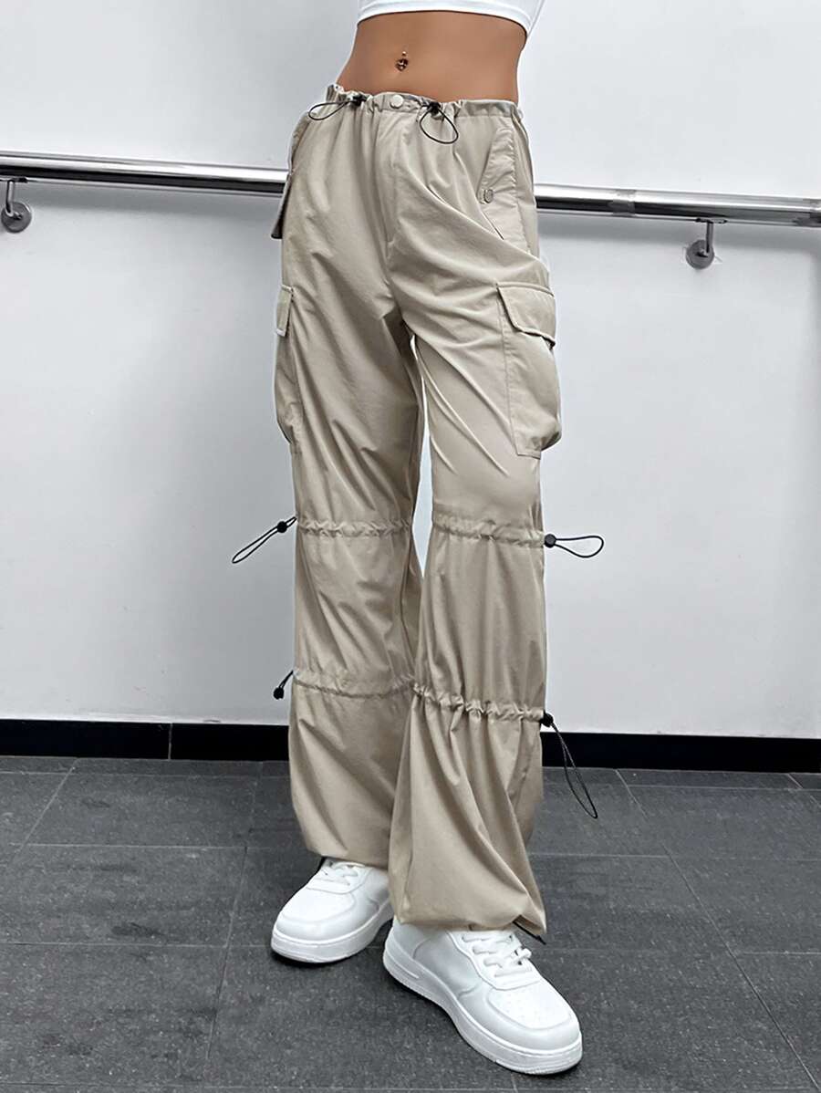 Drawstring Detail Flap Pocket Parachute Cargo Trousers - Grey - View 1