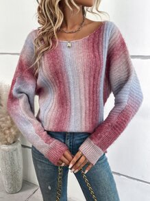 EMERY ROSE 渐变蝙蝠袖毛衣，长袖针织套头衫，秋冬毛衣 - 酒紅色 - 查看 5