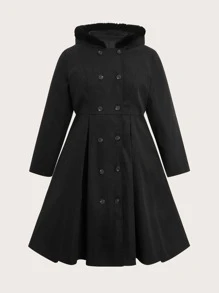 SHEIN Clasi Plus Fuzzy Trim Hooded Pea Coat - Black - View 1