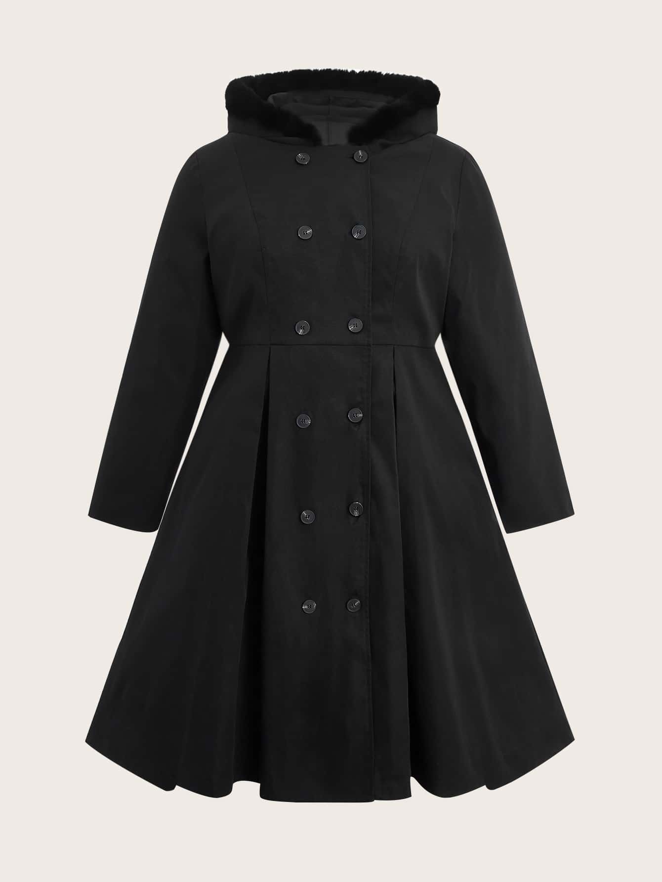 SHEIN Clasi Plus Fuzzy Trim Hooded Pea Coat - Black - View 1