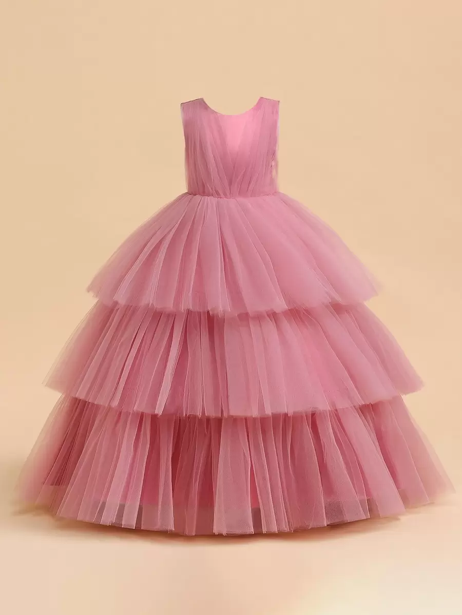 Tween Girls Ruffle Mesh Elegant Runway Model Dress, Suitable For Party & Celebration - Dusty Pink - View 1