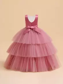 Tween Girls Ruffle Mesh Elegant Runway Model Dress, Suitable For Party & Celebration - Dusty Pink - View 2