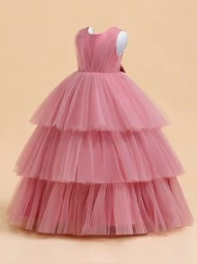 Tween Girls Ruffle Mesh Elegant Runway Model Dress, Suitable For Party & Celebration - Dusty Pink - View 3