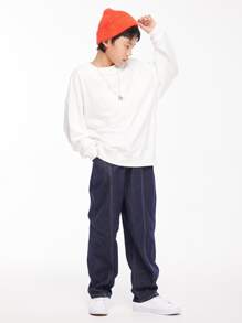 Pantalones vaqueros rectos con efecto de denim lavado de estilo vintage para niños preadolescentes para primavera y otoño - Azul lavado oscuro - Ver 3