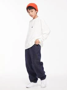 Pantalones vaqueros rectos con efecto de denim lavado de estilo vintage para niños preadolescentes para primavera y otoño - Azul lavado oscuro - Ver 4