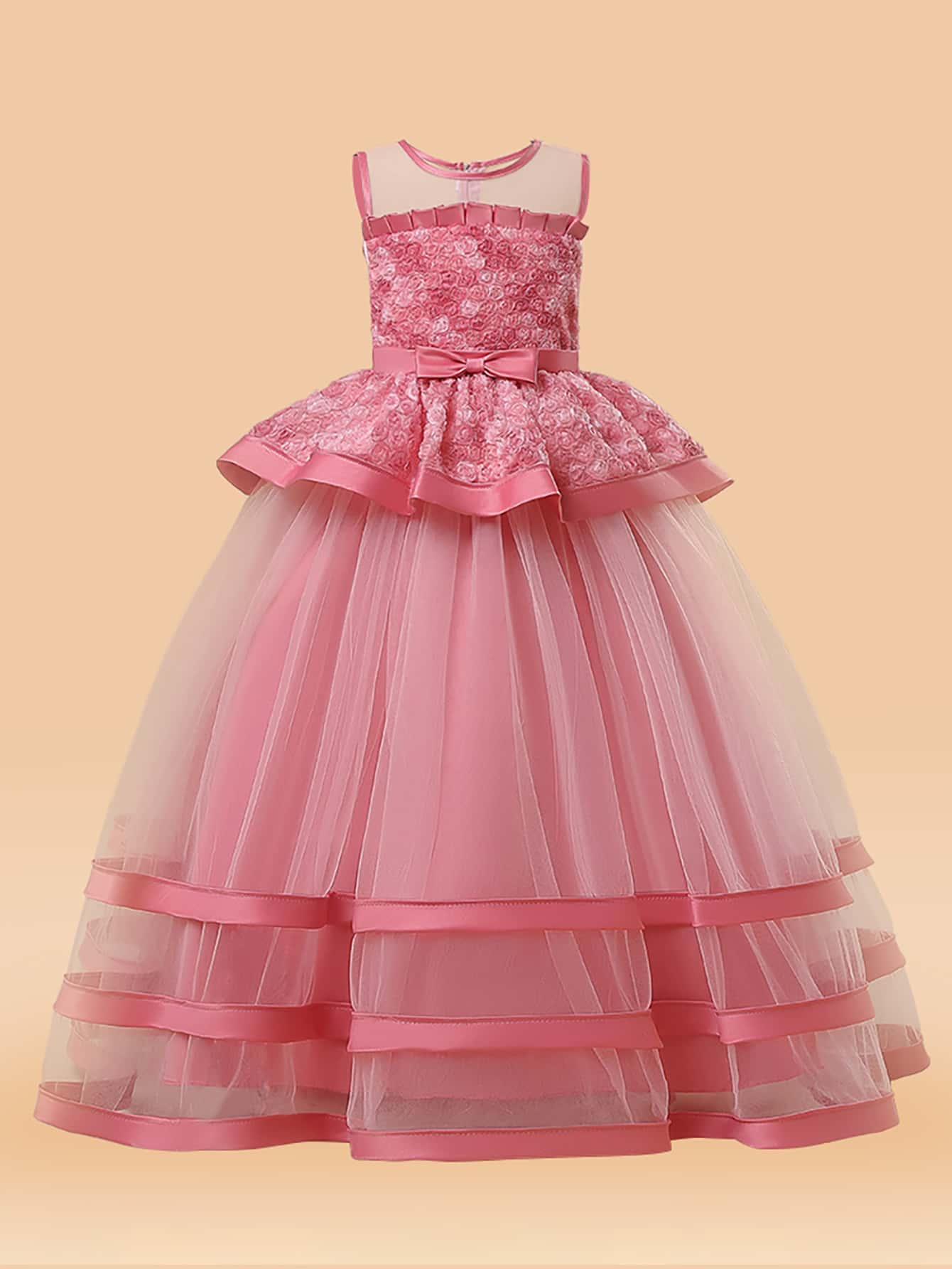 Tween Girl Elegant Dress With Net Yarn, Satin Fabric, 3D Floral Decor, Perfect For Hosting Parties - Watermelon Pink - View 1