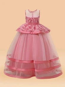 Tween Girl Elegant Dress With Net Yarn, Satin Fabric, 3D Floral Decor, Perfect For Hosting Parties - Watermelon Pink - View 2