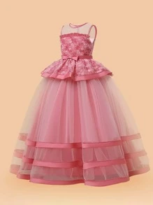 Tween Girl Elegant Dress With Net Yarn, Satin Fabric, 3D Floral Decor, Perfect For Hosting Parties - Watermelon Pink - View 3