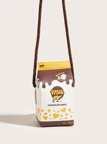 1pc Children's Brown Chocolate Banana Cow Pattern PU Milk Box Shaped Cute Cartoon Shoulder Bag, Versatile For Daily Use - Coffee Brown - View 6