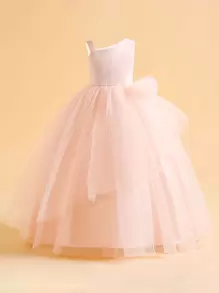 Girls' Elegant Off-shoulder Tulle Fluffy Princess Dress, Solid Colour Prom/flower Girl/cocktail Party Dress - Baby Pink - View 5