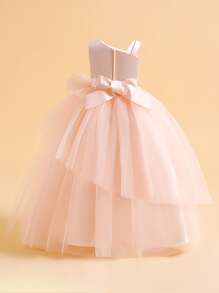 Girls' Elegant Off-shoulder Tulle Fluffy Princess Dress, Solid Colour Prom/flower Girl/cocktail Party Dress - Baby Pink - View 3